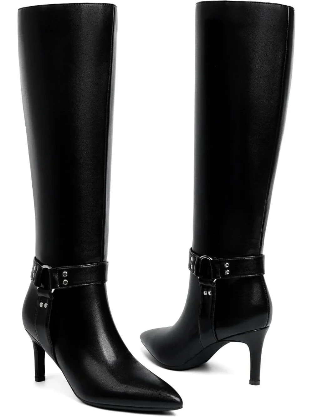 Women's Black Buckle Pointed Toe Faux Leather Stiletto Heel Over The Knee Boots